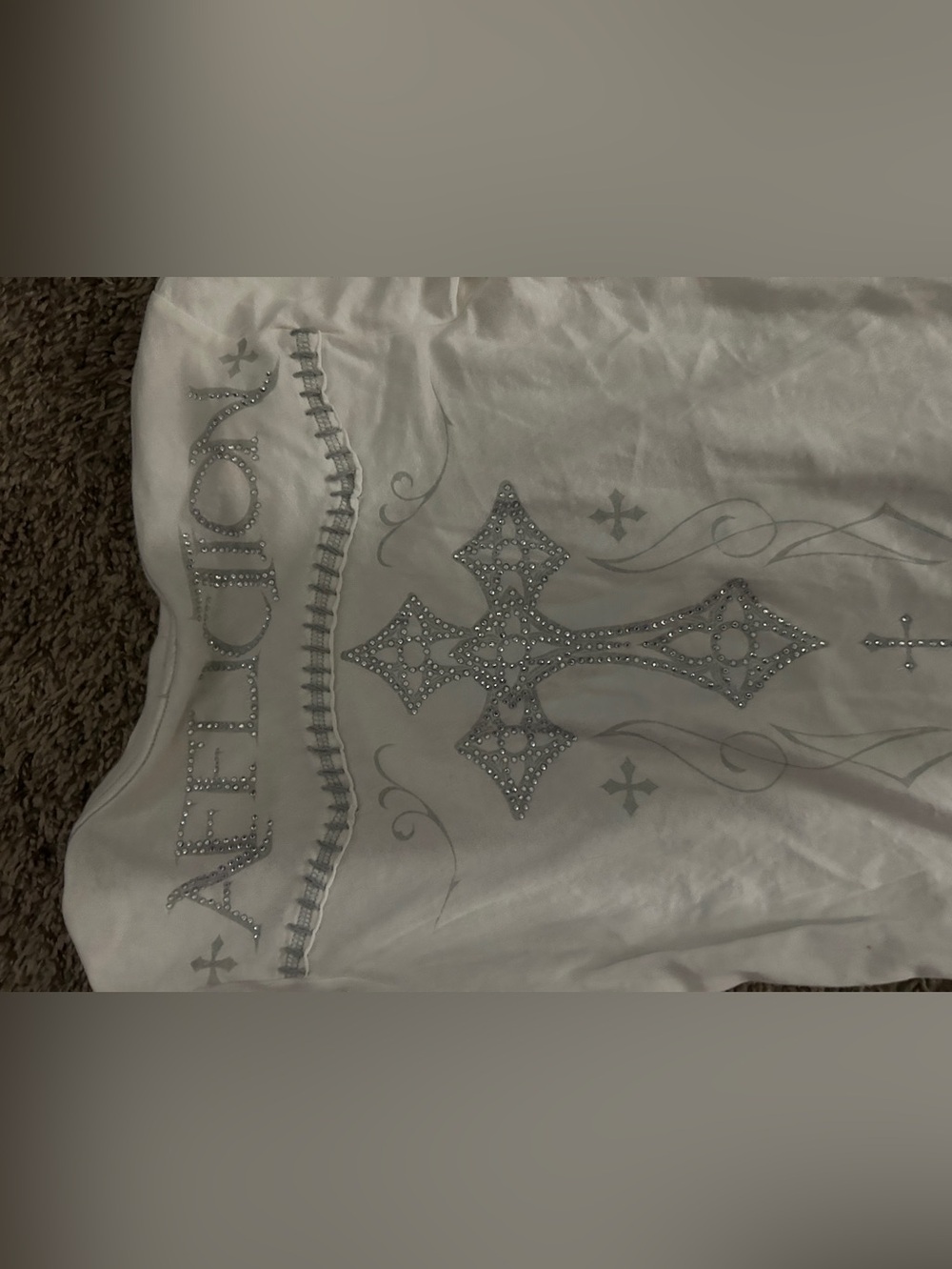 Affliction White Tee with Silver Rhinestone Cross